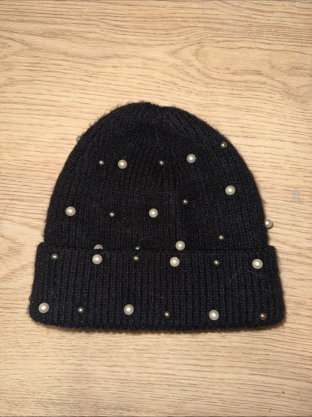 Black Knit Beanie with Pearl Studs